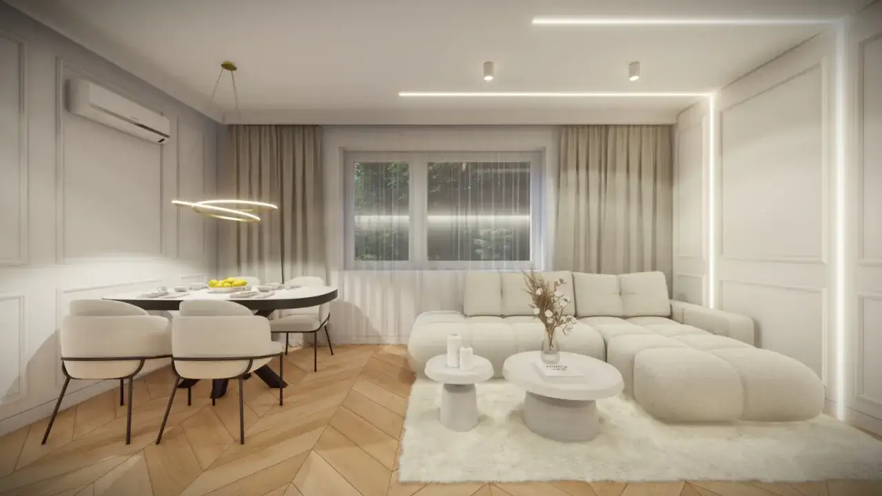 Nowoczesny salon z jadalnią, jasne meble, okno z widokiem na zieleń, designerskie oświetlenie.