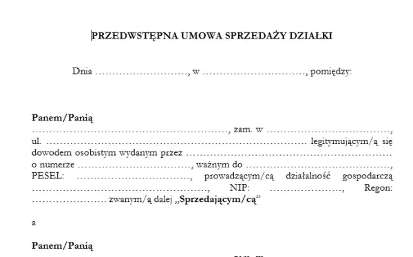 Wzór umowy przedwstępnej z zadatkiem na zakup działki - poradnik
